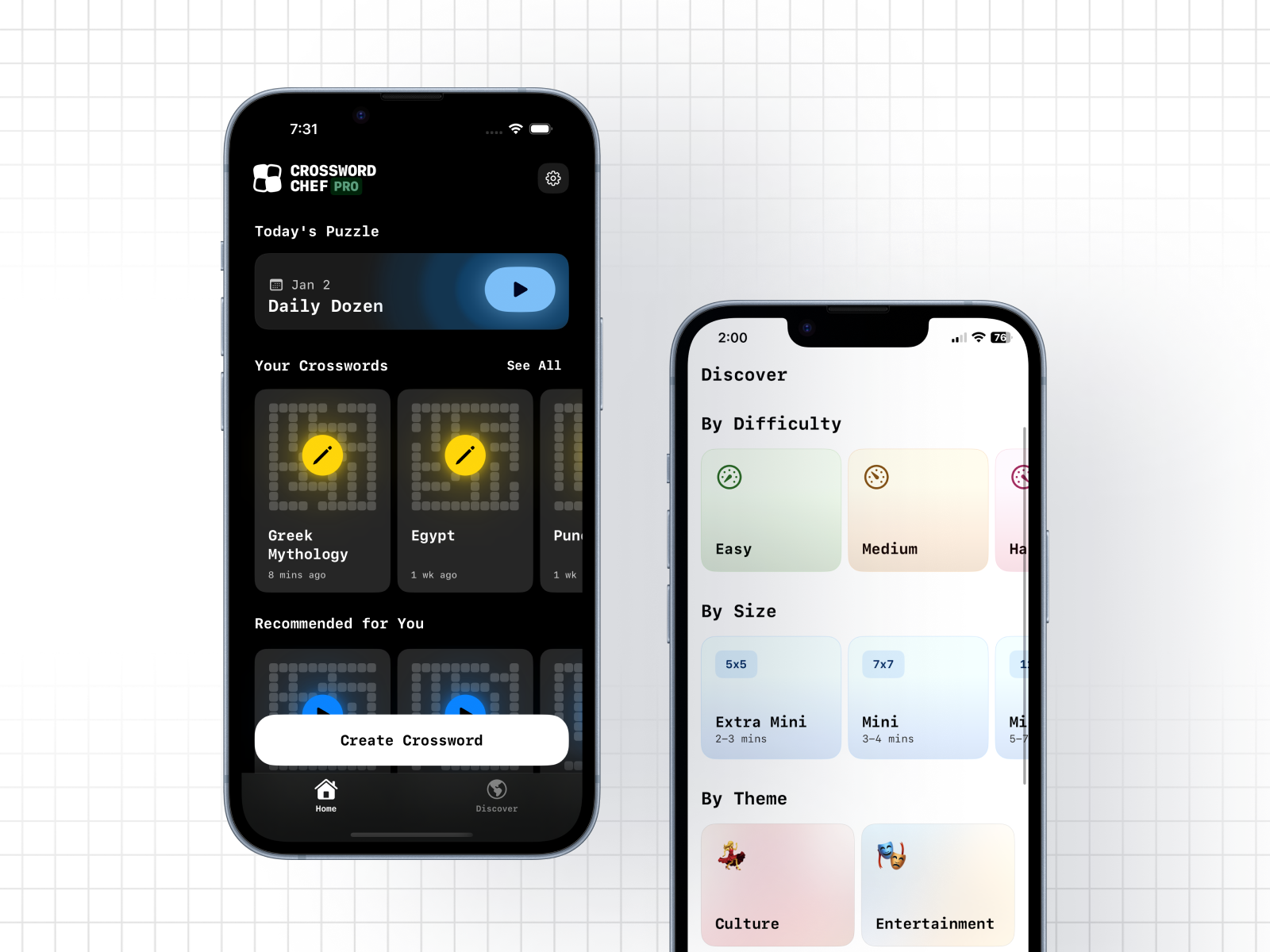 Crossword Chef Pro home and discover screens