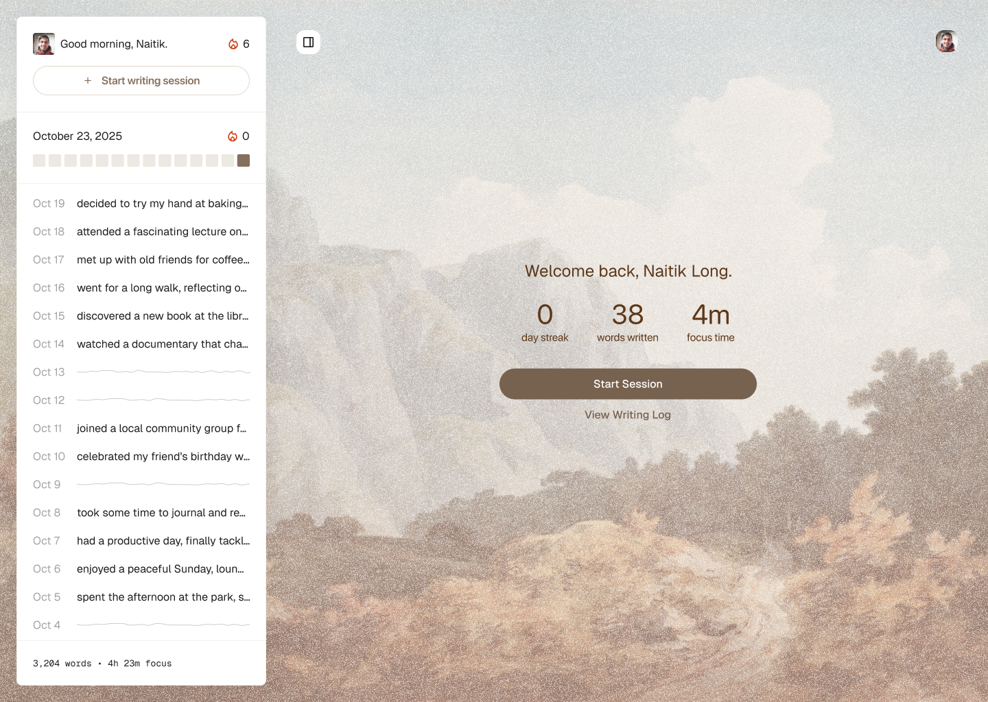 Eternal homepage with writing log and daily stats