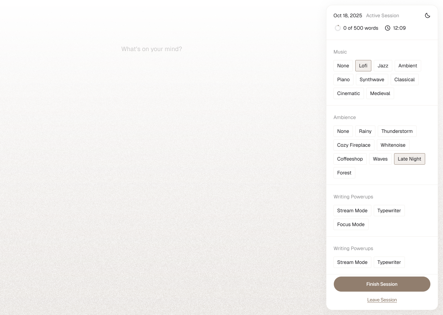 Eternal writing experience with music, ambience, and writing powerups