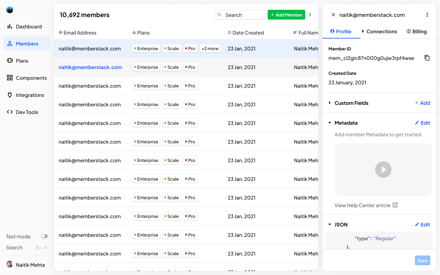 The new members page with multiple selection