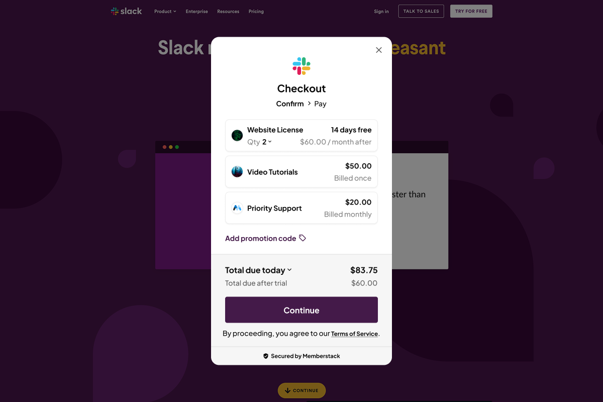 Checkout modal with expanded cart items