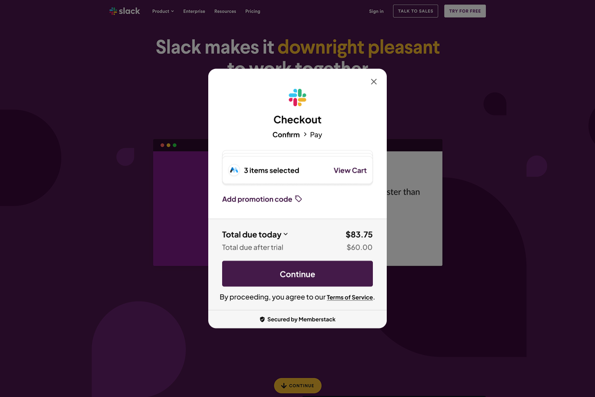 Checkout modal with summary view