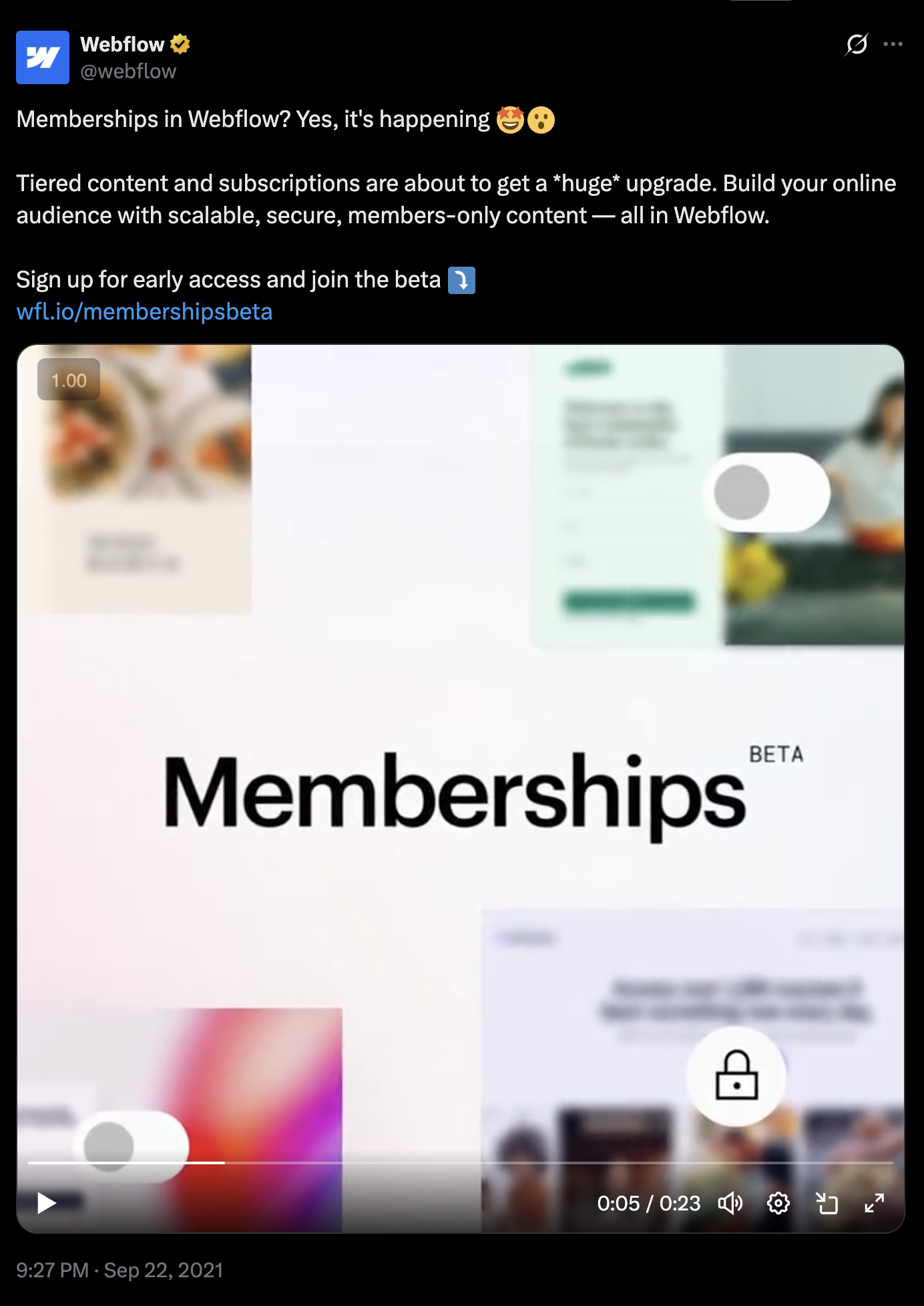 Webflow announcing Memberships beta on Twitter