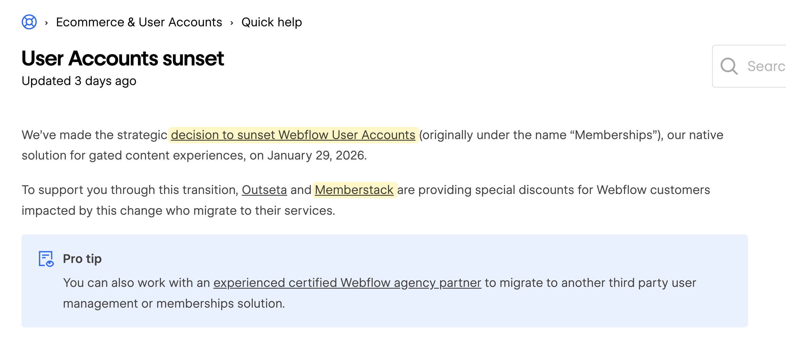 Webflow User Accounts sunset announcement recommending Memberstack